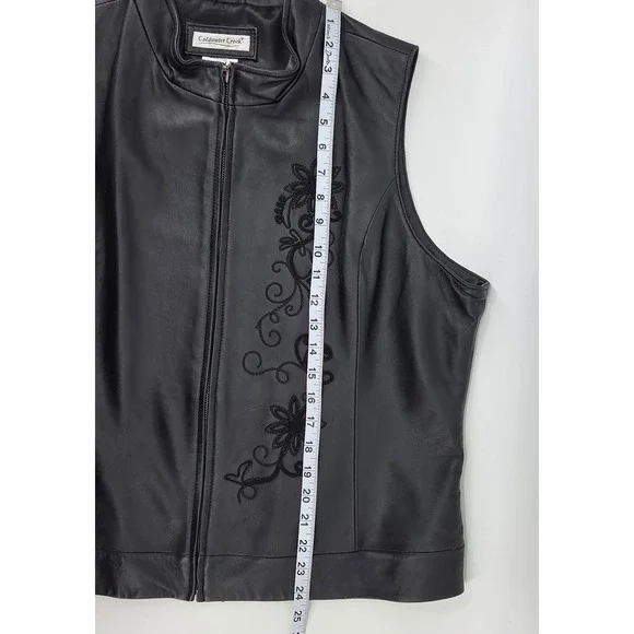 Coldwater Creek Black Leather Floral Embroidered Vest Women's XL Moto Boho - Picture 3 of 7